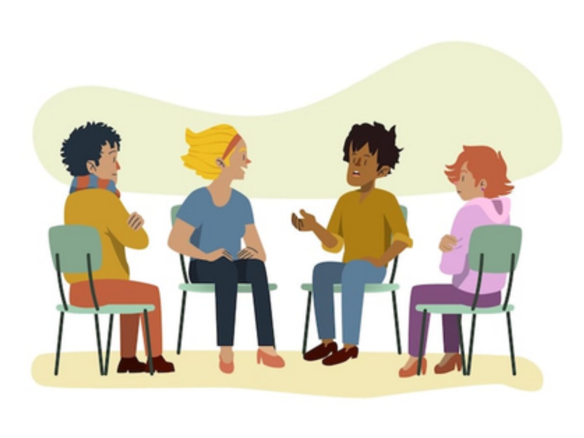 Illustration : quatre personnes assises en cercle qui discutent.